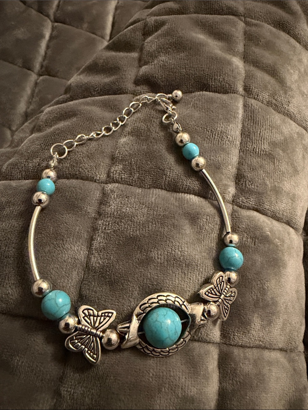Turquoise Stone Butterfly Silver Bracelet - Unbranded